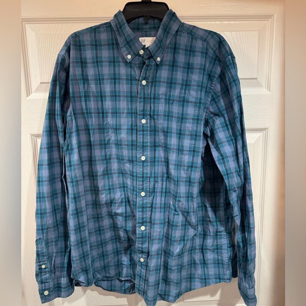 GAP Blue Green plaid Casual Button Down standard fit Shirt Mens XL